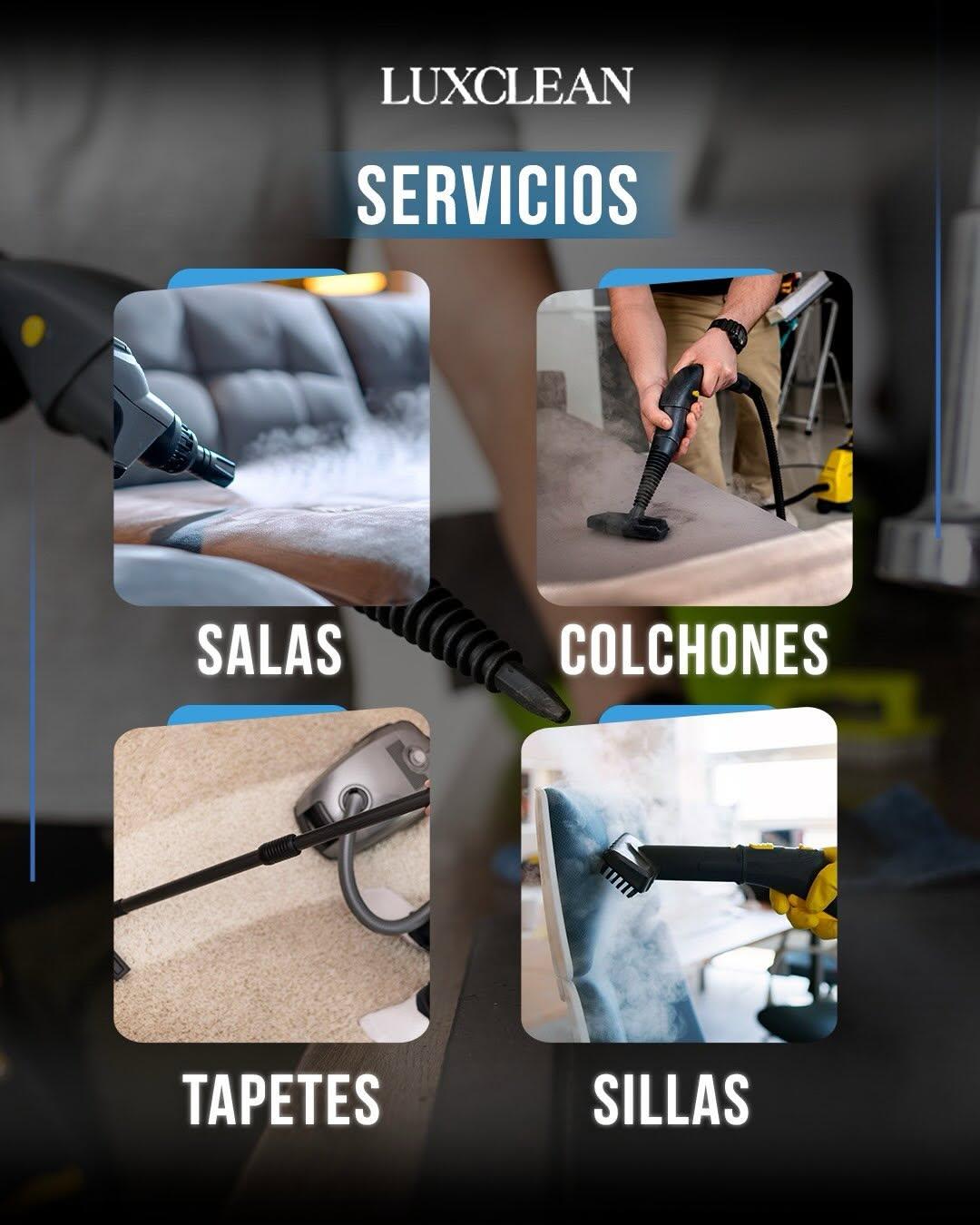 Collage de servicios de limpieza: salas, colchones, tapetes y sillas.
