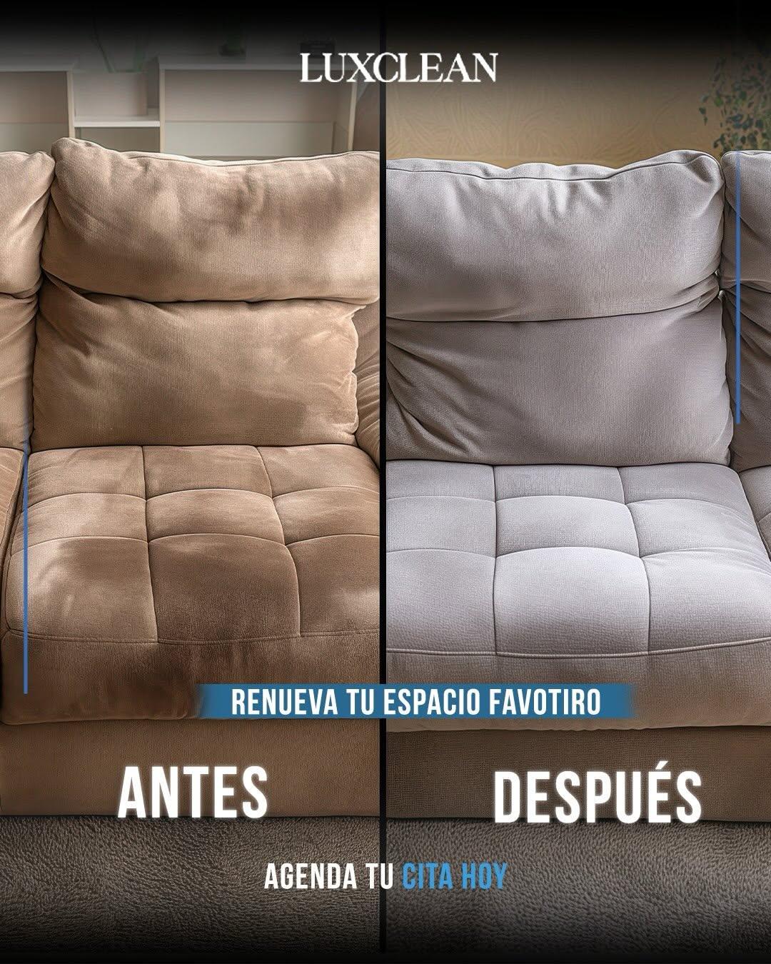Comparación de sofá antes y después de limpieza.